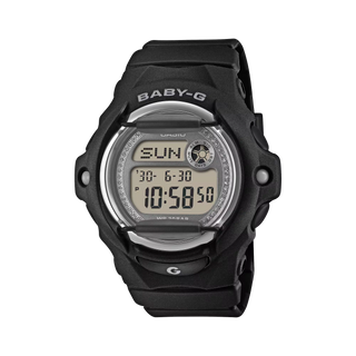  G-SHOCK BABY-G BG169KB-1 — compact round resin watch with glitter Y2K dial accents, 200m water resistance, Mineral Glass crystal, and shock-resistant construction