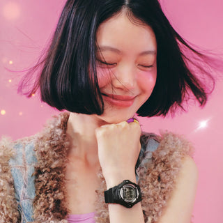  G-SHOCK BABY-G BG169KB-1 — compact round resin watch with glitter Y2K dial accents, 200m water resistance, Mineral Glass crystal, and shock-resistant construction