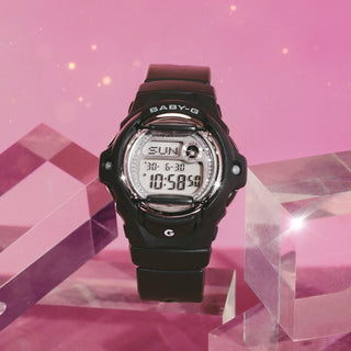  G-SHOCK BABY-G BG169KB-1 — compact round resin watch with glitter Y2K dial accents, 200m water resistance, Mineral Glass crystal, and shock-resistant construction
