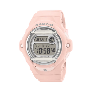 G-SHOCK BABY-G BG169KB-4 — compact round resin watch with glitter Y2K dial accents, 200m water resistance, world time, LED Super Illuminator backlight, and shock-resistant construction