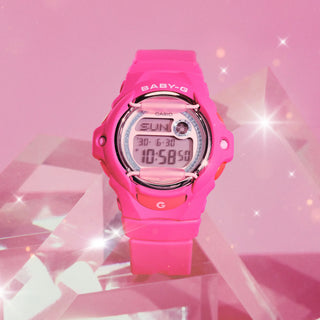 G-SHOCK BABY-G BG169KB-4B1 — compact round resin watch with glitter Y2K dial accents, 200m water resistance, world time, LED Super Illuminator backlight, and shock-resistant construction