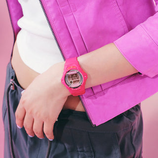 G-SHOCK BABY-G BG169KB-4B1 — compact round resin watch with glitter Y2K dial accents, 200m water resistance, world time, LED Super Illuminator backlight, and shock-resistant construction