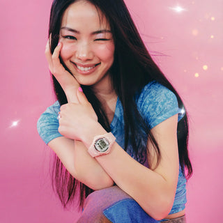 G-SHOCK BABY-G BG169KB-4 — compact round resin watch with glitter Y2K dial accents, 200m water resistance, world time, LED Super Illuminator backlight, and shock-resistant construction