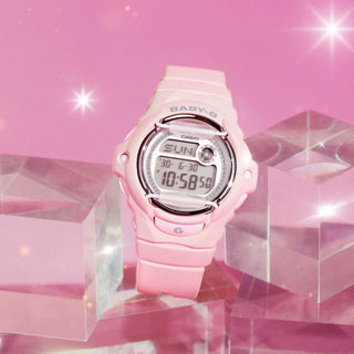 G-SHOCK BABY-G BG169KB-4 — compact round resin watch with glitter Y2K dial accents, 200m water resistance, world time, LED Super Illuminator backlight, and shock-resistant construction