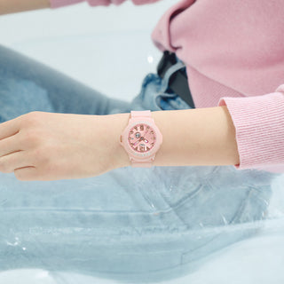 "G-Shock BABY-G+PLUS BGA15K-4A Convertible Watch — pastel matte finish, detachable charm in customizable silicone holder, shimmery dial with pop-inspired day display"