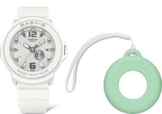 "G-Shock BABY-G+PLUS BGA15K-7A Convertible Watch — pastel matte finish, detachable charm in customizable silicone holder, shimmery dial with pop-inspired day display"