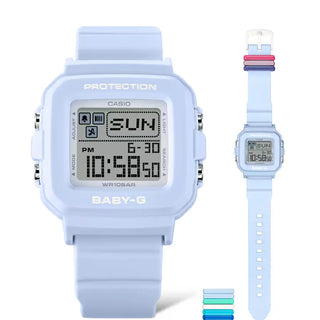 G-SHOCK BABY-G+ BGD10L-2 — convertible watch with 9 interchangeable band loops in solid and translucent colors, pixel-art LED animations, shock resistance, and 100M water resistance