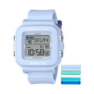 G-SHOCK BABY-G+ BGD10L-2 — convertible watch with 9 interchangeable band loops in solid and translucent colors, pixel-art LED animations, shock resistance, and 100M water resistance