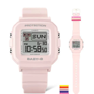 G-SHOCK BABY-G+ BGD10L-4 — convertible watch with 9 interchangeable band loops in solid and translucent colors, pixel-art LED animations, shock resistance, and 100M water resistance