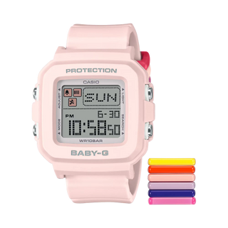 G-SHOCK BABY-G+ BGD10L-4 — convertible watch with 9 interchangeable band loops in solid and translucent colors, pixel-art LED animations, shock resistance, and 100M water resistance