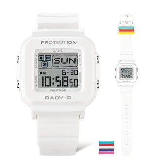 G-SHOCK BABY-G+ BGD10L-7 — convertible watch with 9 interchangeable band loops in solid and translucent colors, pixel-art LED animations, shock resistance, and 100M water resistance