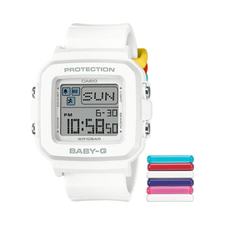 G-SHOCK BABY-G+ BGD10L-7 — convertible watch with 9 interchangeable band loops in solid and translucent colors, pixel-art LED animations, shock resistance, and 100M water resistance