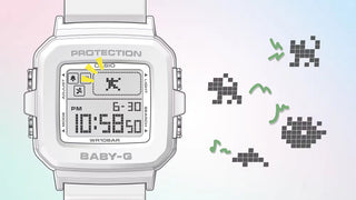G-SHOCK BABY-G+ BGD10L-2 — convertible watch with 9 interchangeable band loops in solid and translucent colors, pixel-art LED animations, shock resistance, and 100M water resistance
