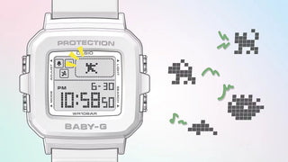 G-SHOCK BABY-G+ BGD10L-7 — convertible watch with 9 interchangeable band loops in solid and translucent colors, pixel-art LED animations, shock resistance, and 100M water resistance