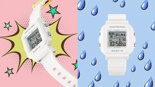 G-SHOCK BABY-G+ BGD10L-7 — convertible watch with 9 interchangeable band loops in solid and translucent colors, pixel-art LED animations, shock resistance, and 100M water resistance