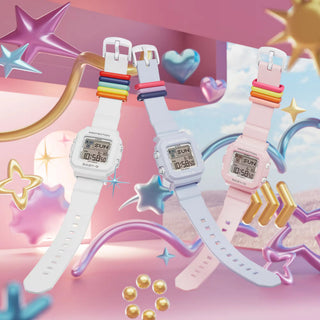 G-SHOCK BABY-G+ BGD10L-7 — convertible watch with 9 interchangeable band loops in solid and translucent colors, pixel-art LED animations, shock resistance, and 100M water resistance