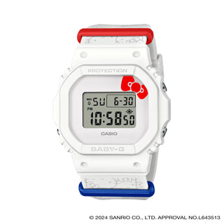Baby-G x Hello Kitty BGD565KT-7 digital watch in white with Hello Kitty face expressions and ribbon detail.
