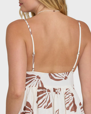 Billabong Undone Maxi Cover-Up Dress in Salt Crystal, relaxed flowy maxi length in 48% rayon 38% cotton 14% linen woven blend with straight neckline, metal ring adjustable straps, low back, and O5 Billabong metal logo plate