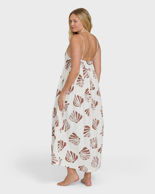 Billabong Undone Maxi Cover-Up Dress in Salt Crystal, relaxed flowy maxi length in 48% rayon 38% cotton 14% linen woven blend with straight neckline, metal ring adjustable straps, low back, and O5 Billabong metal logo plate