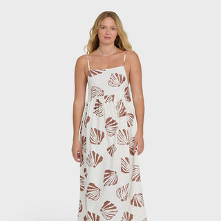 Billabong Undone Maxi Cover-Up Dress in Salt Crystal, relaxed flowy maxi length in 48% rayon 38% cotton 14% linen woven blend with straight neckline, metal ring adjustable straps, low back, and O5 Billabong metal logo plate