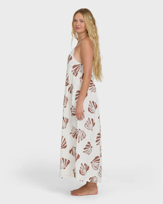 Billabong Undone Maxi Cover-Up Dress in Salt Crystal, relaxed flowy maxi length in 48% rayon 38% cotton 14% linen woven blend with straight neckline, metal ring adjustable straps, low back, and O5 Billabong metal logo plate