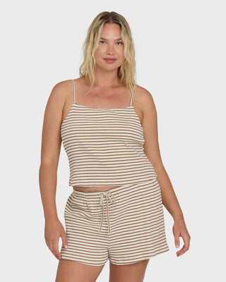 Billabong Easy Livin Tank Top in Brown Stone, fitted rib cami in 96% cotton 4% elastane yarn-dyed rib knit with straight neckline, skinny adjustable straps, interior shelf bra, and metal logo plate