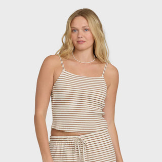 Billabong Easy Livin Tank Top in Brown Stone, fitted rib cami in 96% cotton 4% elastane yarn-dyed rib knit with straight neckline, skinny adjustable straps, interior shelf bra, and metal logo plate