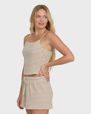 Billabong Easy Livin Tank Top in Brown Stone, fitted rib cami in 96% cotton 4% elastane yarn-dyed rib knit with straight neckline, skinny adjustable straps, interior shelf bra, and metal logo plate