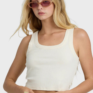 White Cap Billabong fitted knit tank top with scoop neckline and minimal finish, shown as a versatile everyday basic.