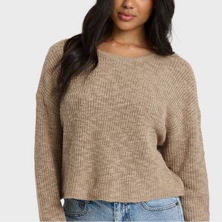 Oatmeal Billabong long sleeve sweater with relaxed fit, boatneck neckline, slub cotton texture, and minimal metal plate detail.