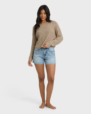 Oatmeal Billabong long sleeve sweater with relaxed fit, boatneck neckline, slub cotton texture, and minimal metal plate detail.