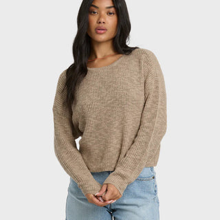 Oatmeal Billabong long sleeve sweater with relaxed fit, boatneck neckline, slub cotton texture, and minimal metal plate detail.