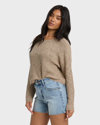 Oatmeal Billabong long sleeve sweater with relaxed fit, boatneck neckline, slub cotton texture, and minimal metal plate detail.