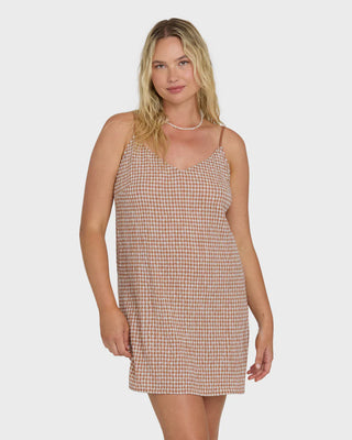 Billabong Summer Love Mini Dress in Sugar Almond, relaxed sleeveless woven check mini dress in 53% cotton 47% viscose blend with Billabong metal logo plate