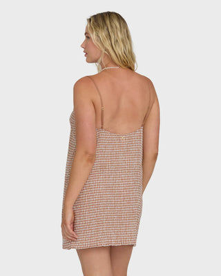 Billabong Summer Love Mini Dress in Sugar Almond, relaxed sleeveless woven check mini dress in 53% cotton 47% viscose blend with Billabong metal logo plate
