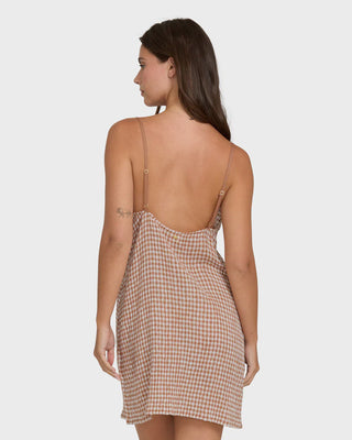 Billabong Summer Love Mini Dress in Sugar Almond, relaxed sleeveless woven check mini dress in 53% cotton 47% viscose blend with Billabong metal logo plate