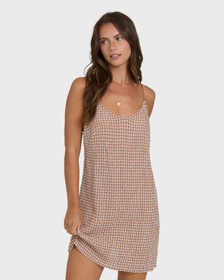 Billabong Summer Love Mini Dress in Sugar Almond, relaxed sleeveless woven check mini dress in 53% cotton 47% viscose blend with Billabong metal logo plate