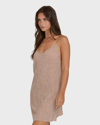 Billabong Summer Love Mini Dress in Sugar Almond, relaxed sleeveless woven check mini dress in 53% cotton 47% viscose blend with Billabong metal logo plate