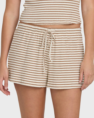 Billabong Easy Livin Knit Shorts in Brown Stone, relaxed mid-rise 96% cotton 4% elastane rib knit shorts with 2 inch inseam, elastic drawcord waistband, and metal logo plate