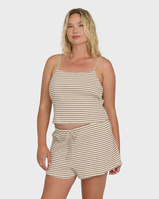 Billabong Easy Livin Knit Shorts in Brown Stone, relaxed mid-rise 96% cotton 4% elastane rib knit shorts with 2 inch inseam, elastic drawcord waistband, and metal logo plate