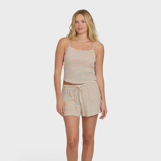 Billabong Easy Livin Knit Shorts in Brown Stone, relaxed mid-rise 96% cotton 4% elastane rib knit shorts with 2 inch inseam, elastic drawcord waistband, and metal logo plate