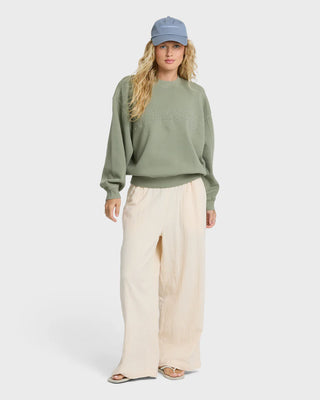 "Billabong Follow Me Pants in Dove — women's full-length pull-on beach pants, regular fit, 100% cotton double slub gauze"