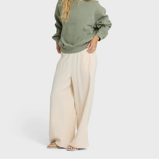 "Billabong Follow Me Pants in Dove — women's full-length pull-on beach pants, regular fit, 100% cotton double slub gauze"