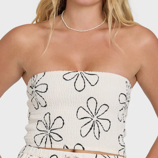 Billabong strapless white tube top with smocked bodice, cropped fit, and lightweight woven fabric with subtle print.