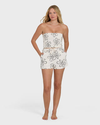 Billabong strapless white tube top with smocked bodice, cropped fit, and lightweight woven fabric with subtle print.