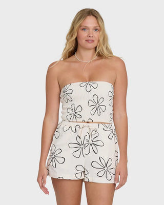 Billabong strapless white tube top with smocked bodice, cropped fit, and lightweight woven fabric with subtle print.