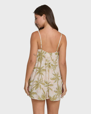 Billabong Fresh Daze Romper in Cactus, relaxed fit 100% viscose crinkle woven romper with 3 inch inseam, keyhole button at front neckline, and metal logo plate in cactus green