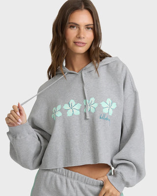 Billabong cropped heather gray hoodie with boxy fit, drawcord hood, ribbed trims, and front graphic detail.