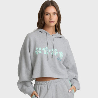 Billabong cropped heather gray hoodie with boxy fit, drawcord hood, ribbed trims, and front graphic detail.