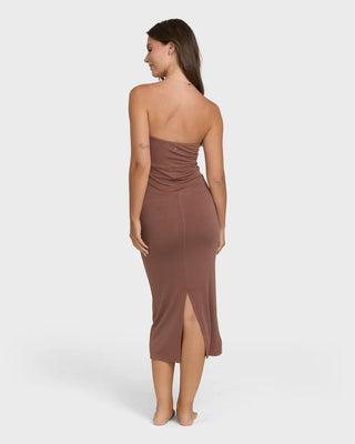 Billabong Lily Midi Knit Dress in Black Stone, body-skimming 95% viscose 5% spandex rib-knit midi dress with lined sleeveless tube bodice, back leg slit, and metal logo plate — convertible as dress or skirt